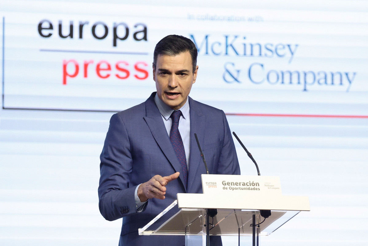 El presidente del Gobierno, Pedro Sánchez; interviene en el encuentro del foro 'Generación de Oportunidades', a 28 de marzo de 2022, en Madrid (España). 'Generación de Oportunidades' es la plataforma creada por Europa Press en colaboración con McKinsey.