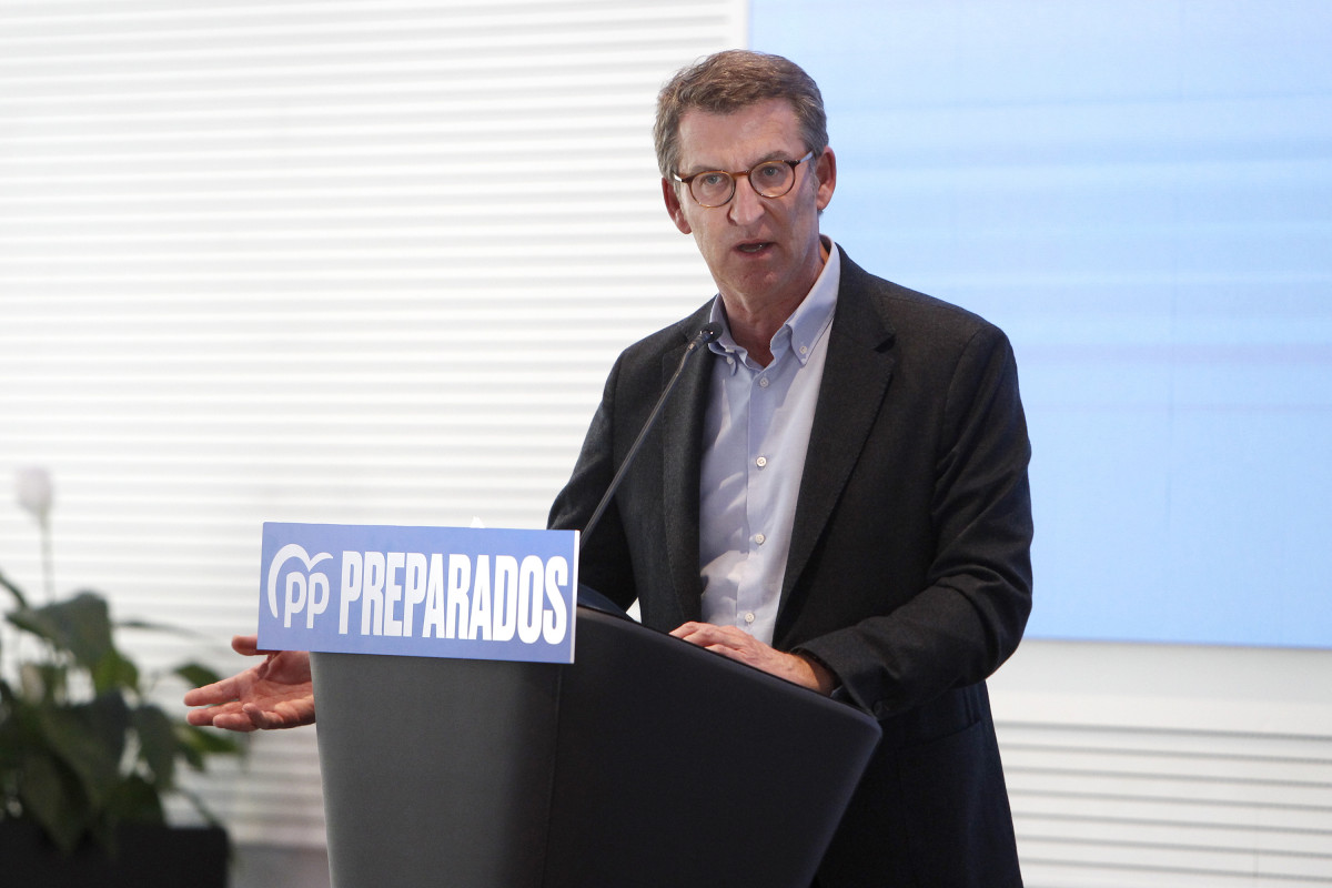 El presidente de la Xunta de Galicia y precandidato a la presidencia del PP nacional, Alberto Núñez Feijóo, interviene en la celebración de un acto con afiliados, simpatizantes y cargos del PP de Baleares para presentar su proyecto de partido.